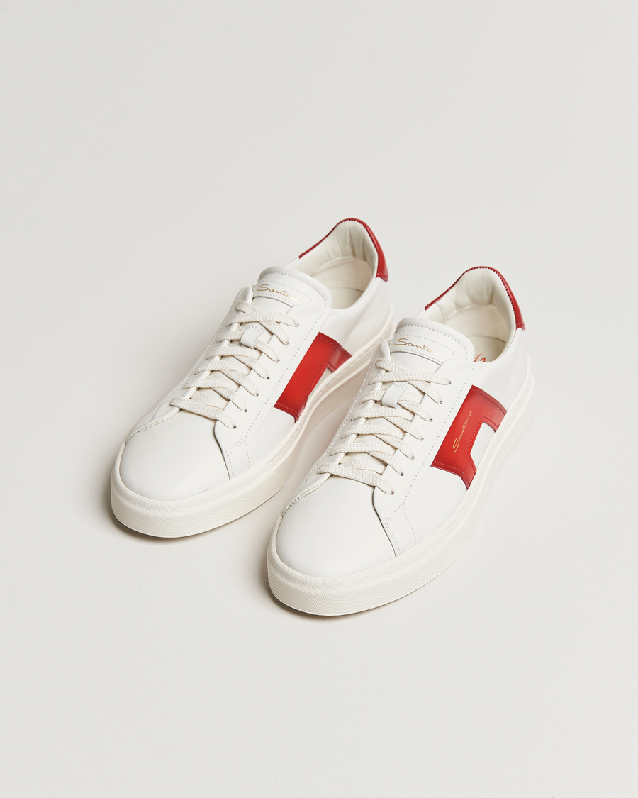 Heren | Santoni Double Buckle Sneakers White/Red | Santoni | Double Buckle Sneakers White/Red