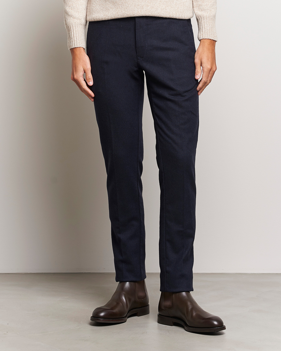 Heren | Broeken | Incotex | Slim Fit Washed Flannel Stretch Slacks Navy