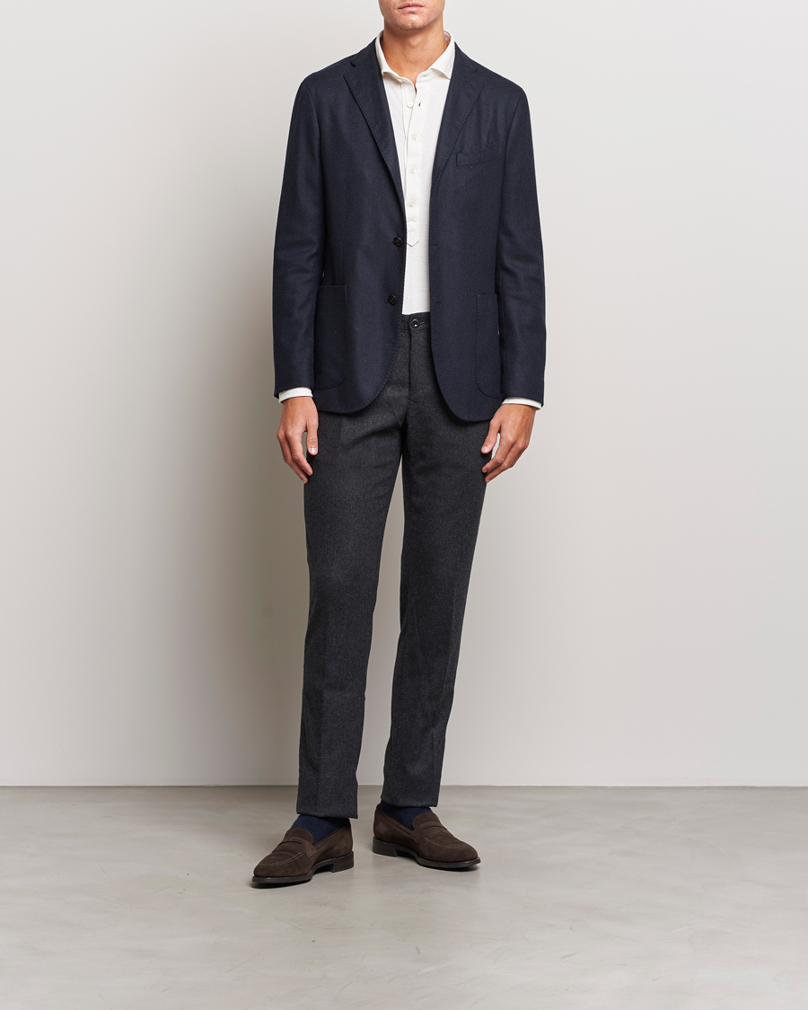 Heren | Broeken | Incotex | Slim Fit Washed Flannel Stretch Slacks Dark Grey