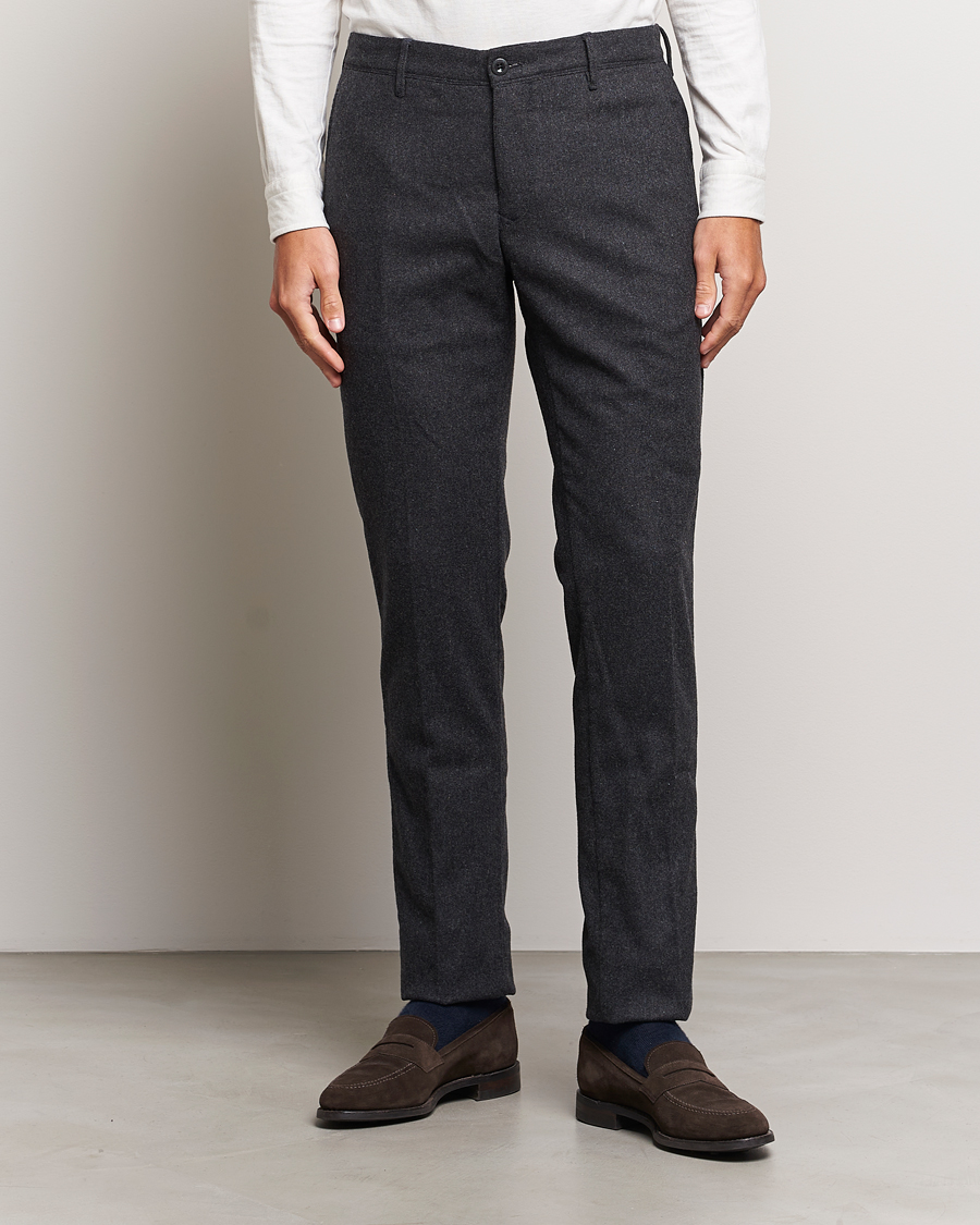 Heren | Broeken | Incotex | Slim Fit Washed Flannel Stretch Slacks Dark Grey