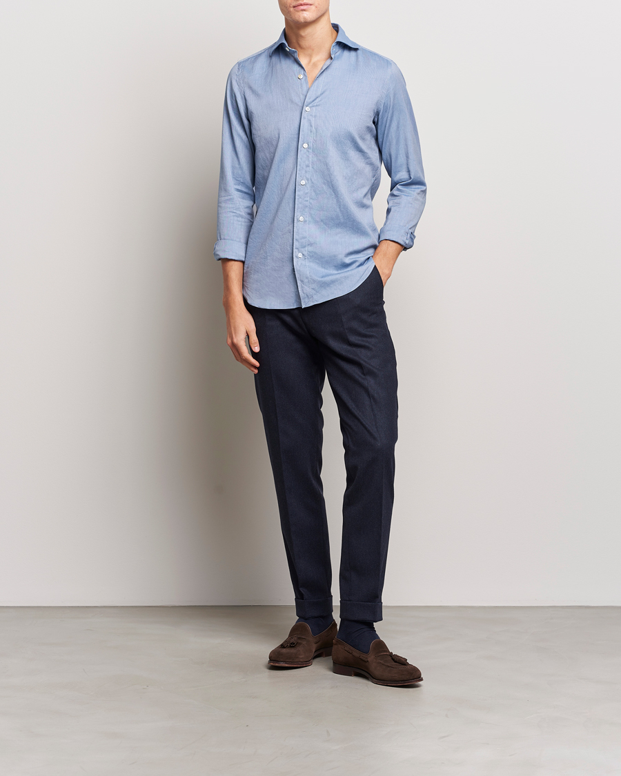 Heren | Overhemden | Finamore Napoli | Tokyo Slim Flannel Shirt Light Blue