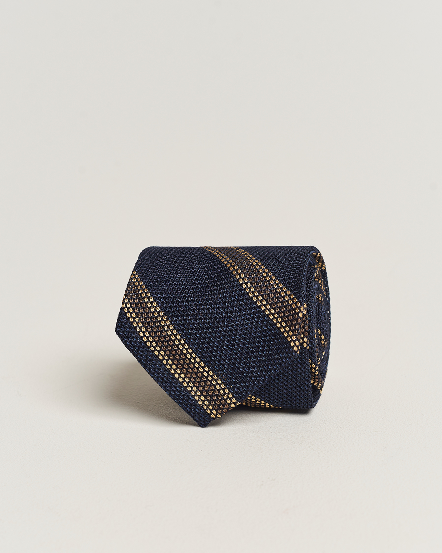 Heren | Finamore Napoli Regimental Grenadine Silk Tie Navy/Brown | Finamore Napoli | Regimental Grenadine Silk Tie Navy/Brown