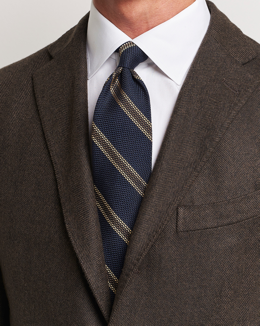 Heren | Finamore Napoli Regimental Grenadine Silk Tie Navy/Brown | Finamore Napoli | Regimental Grenadine Silk Tie Navy/Brown