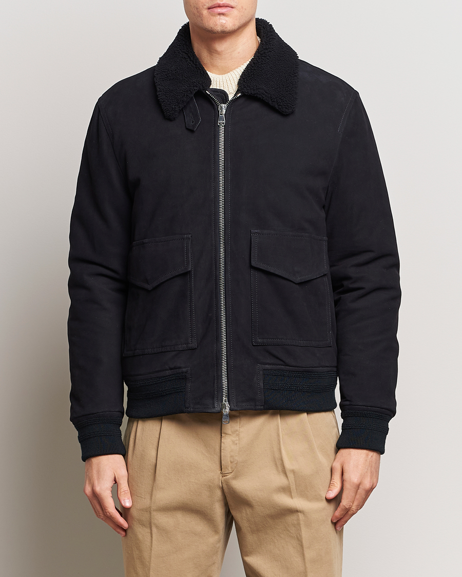 Heren | Jassen | Valstar | Shearling Collar Suede Bomber Navy
