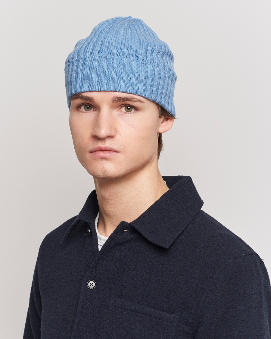 Heren |  | Piacenza Cashmere | Ribbed Cashmere Beanie Light Blue