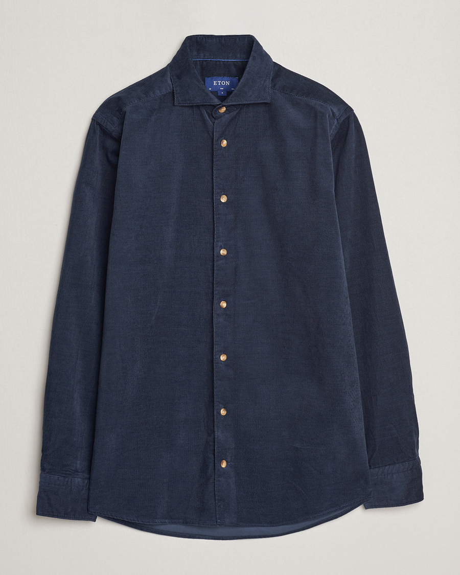 Heren | Overhemden | Eton | Slim Fit Fine Wale Corduroy Shirt Navy Blue