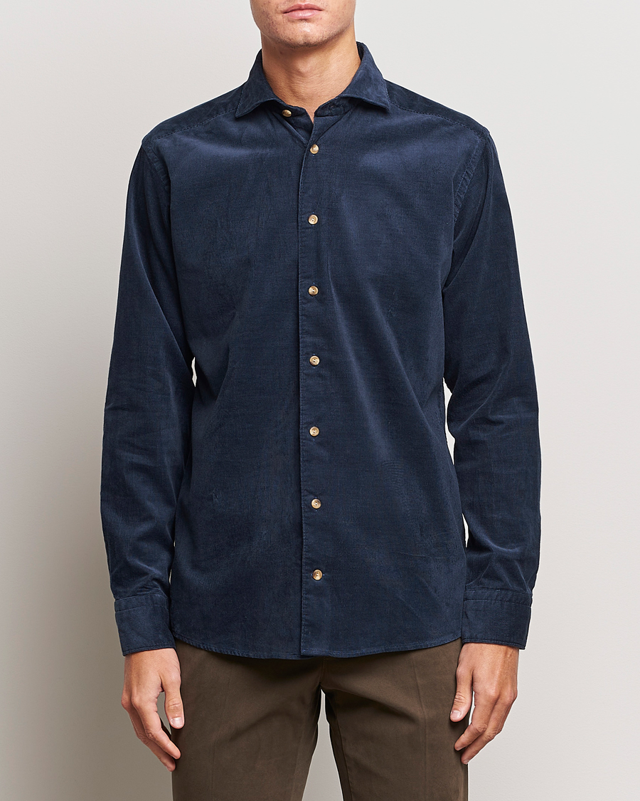 Heren | Overhemden | Eton | Slim Fit Fine Wale Corduroy Shirt Navy Blue