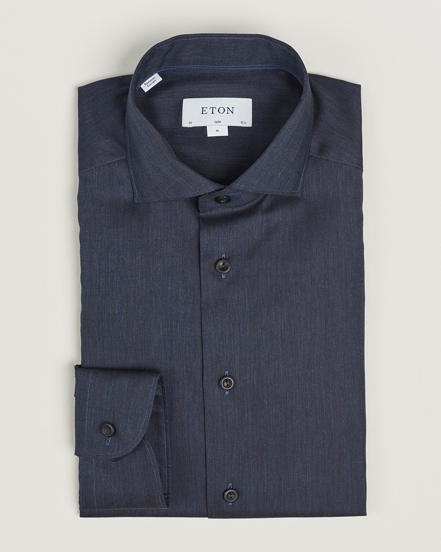 Heren | Overhemden | Eton | Slim Fit Wrinkle Free Flannel Shirt Navy Blue