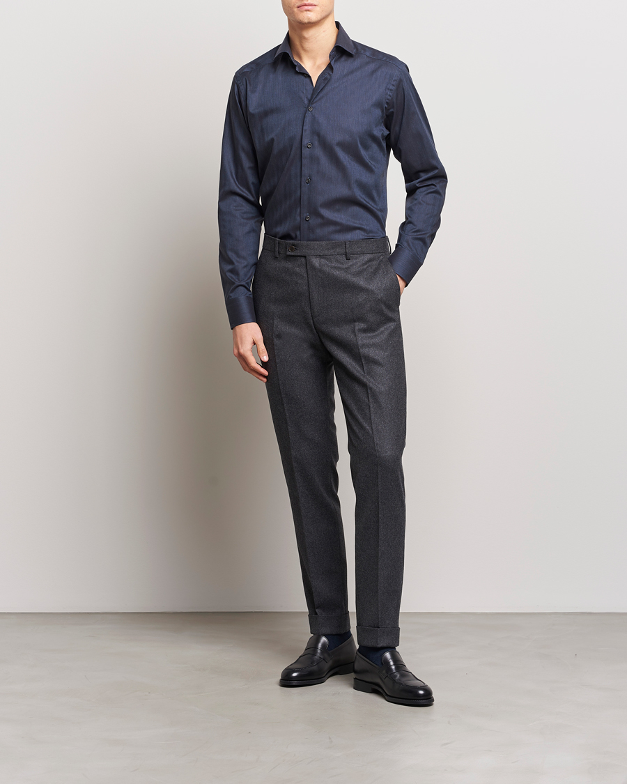 Heren | Overhemden | Eton | Slim Fit Wrinkle Free Flannel Shirt Navy Blue