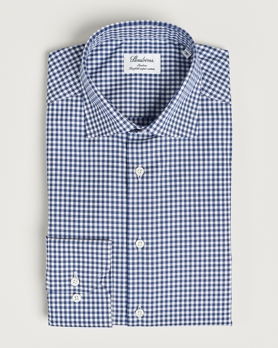 Heren | Overhemden | Stenströms | Slimline Mini Check Cut Away Shirt Blue