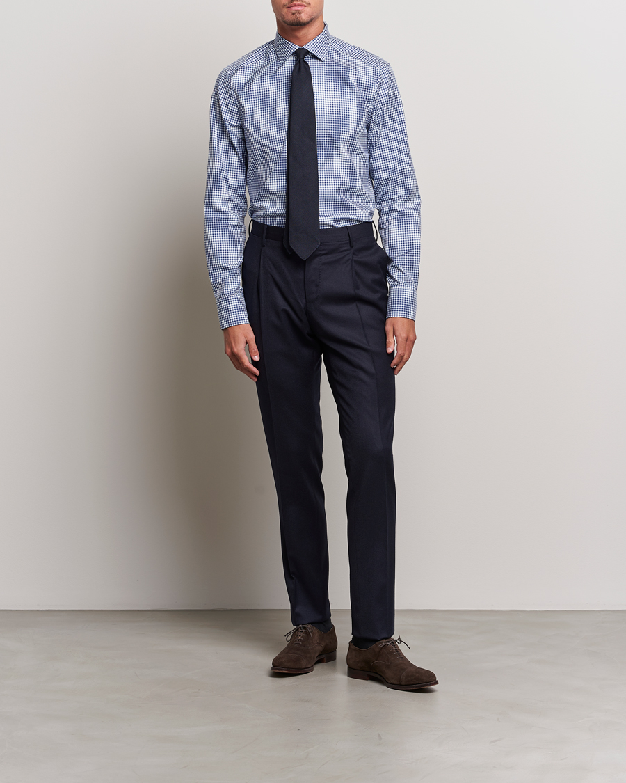 Heren | Overhemden | Stenströms | Slimline Mini Check Cut Away Shirt Blue