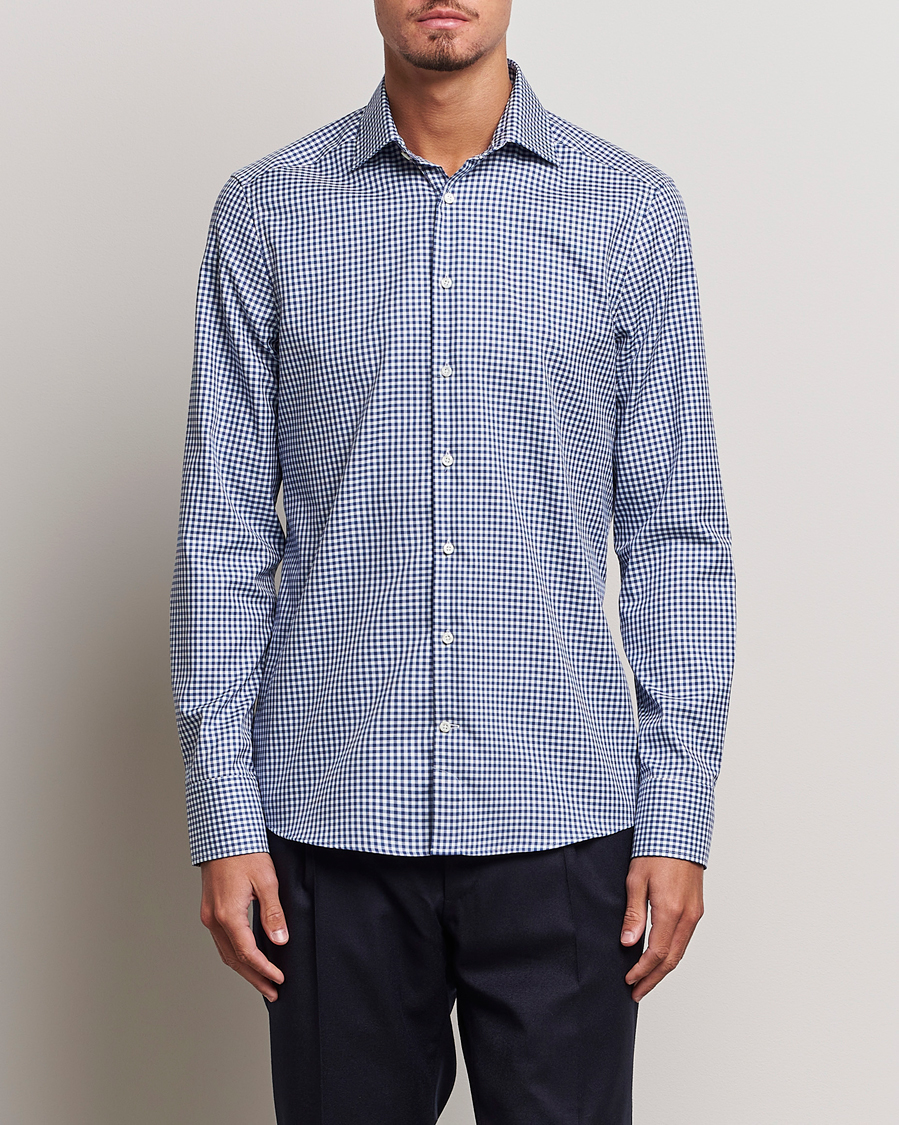 Heren | Overhemden | Stenströms | Slimline Mini Check Cut Away Shirt Blue