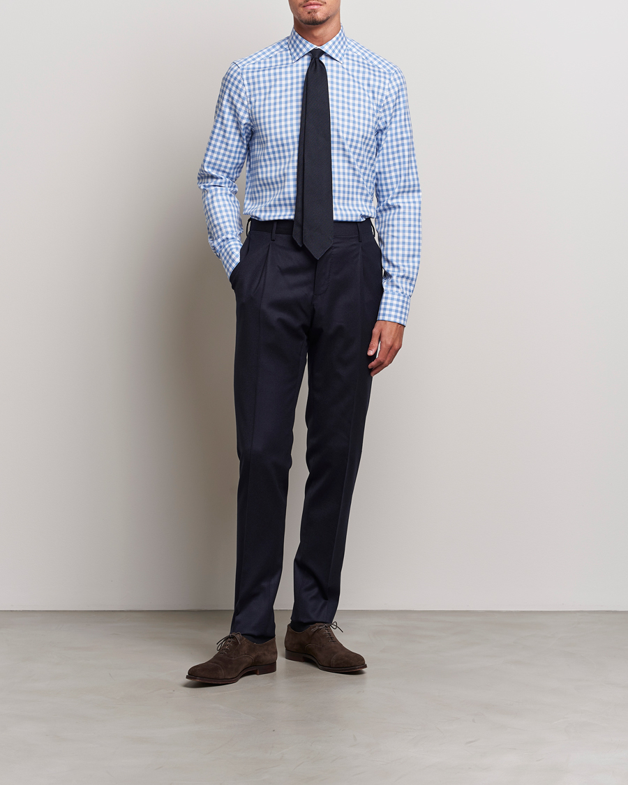 Heren | Overhemden | Stenströms | Slimline Check Cut Away Shirt Light Blue