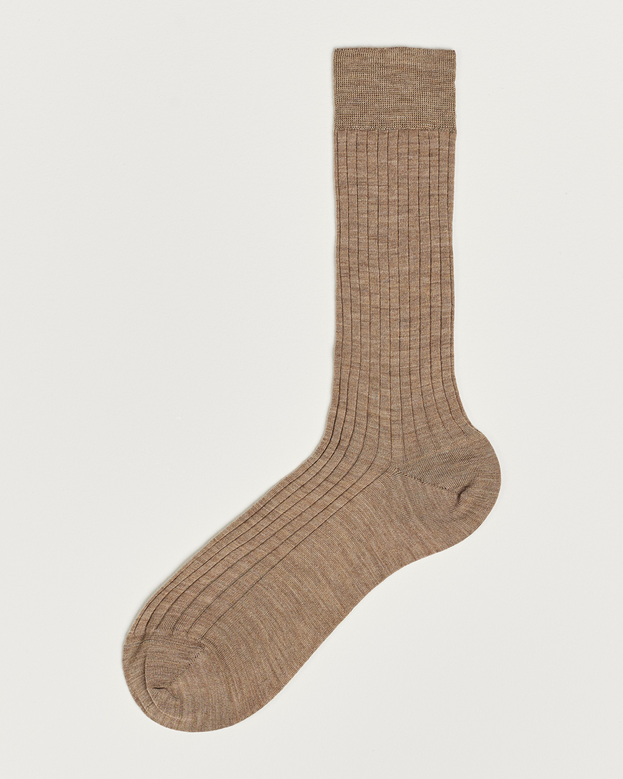 Heren |  | Bresciani | Wool/Nylon Ribbed Short Socks Beige Melange