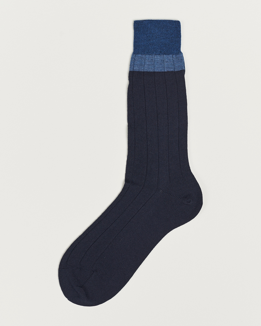 Heren | Ondergoed | Bresciani | Wide Ribbed Block Stripe Wool Socks Navy