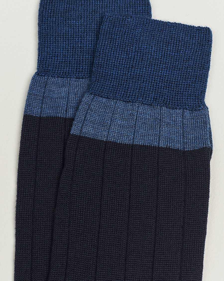 Heren | Ondergoed | Bresciani | Wide Ribbed Block Stripe Wool Socks Navy