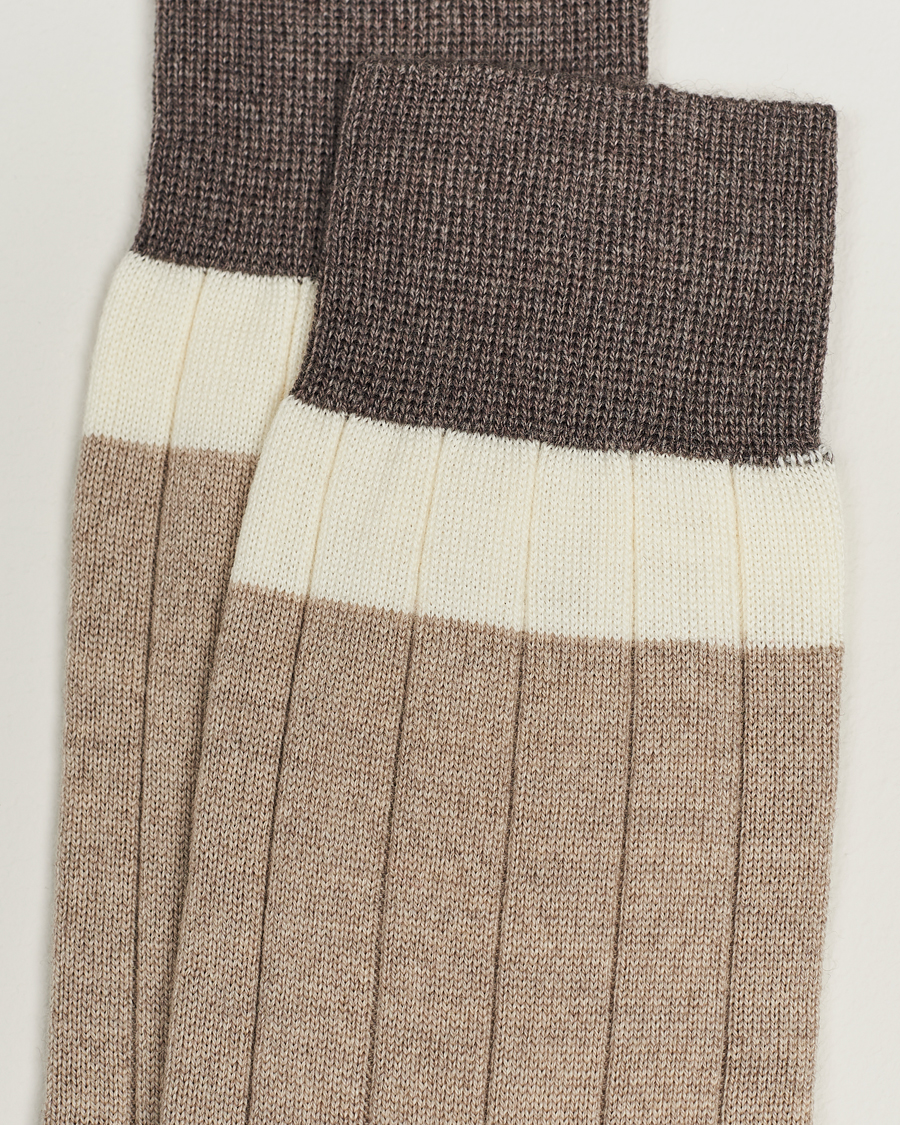 Heren |  | Bresciani | Wide Ribbed Block Stripe Wool Socks Biege