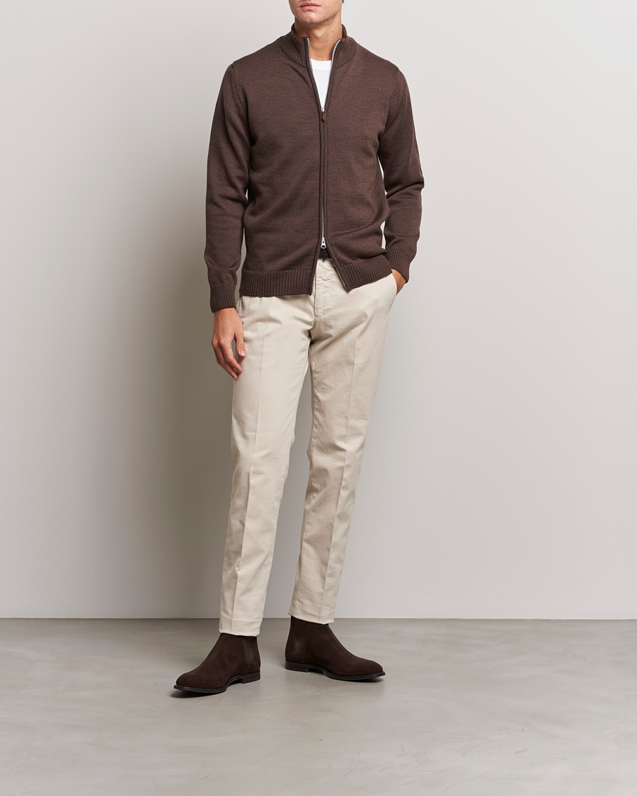 Heren | Truien | Stenströms | Chunky Merino Full Zip Cardigan Brown