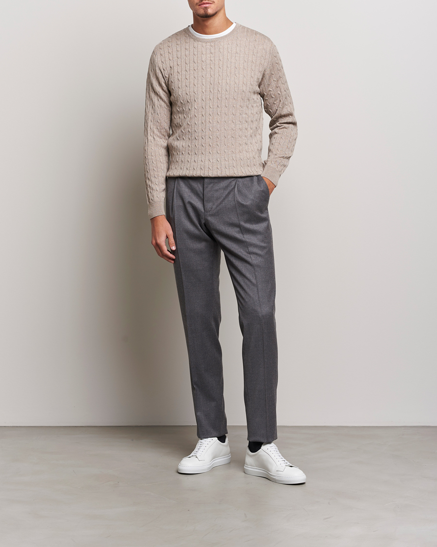 Heren | Truien | Stenströms | Merino Cable Crew Neck Beige