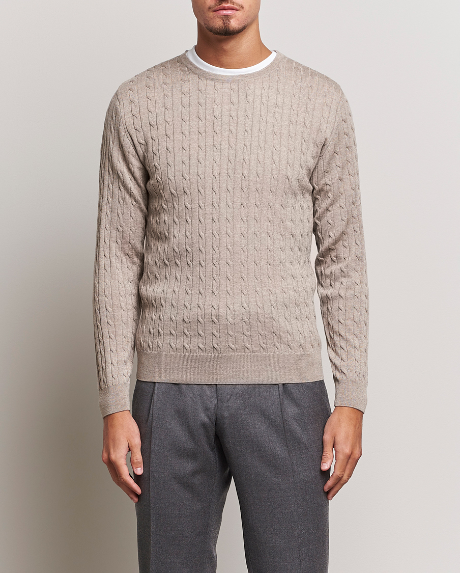 Heren | Truien | Stenströms | Merino Cable Crew Neck Beige