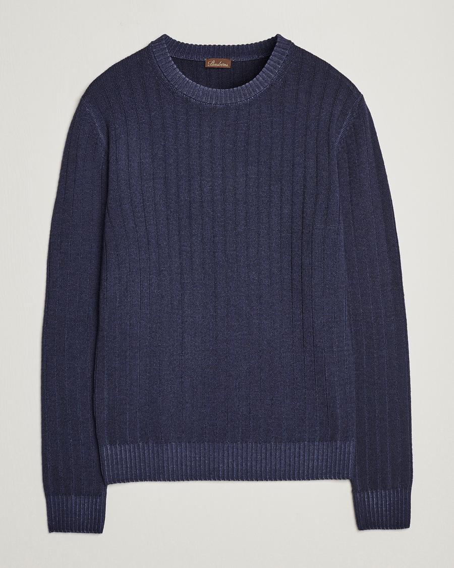 Heren | Truien | Stenströms | Garment Dyed Ribbed Merino Wool Crewneck Blue
