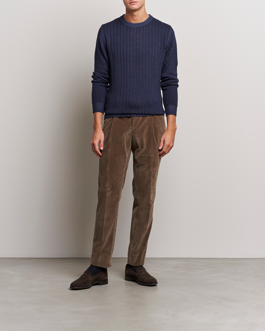Heren | Truien | Stenströms | Garment Dyed Ribbed Merino Wool Crewneck Blue