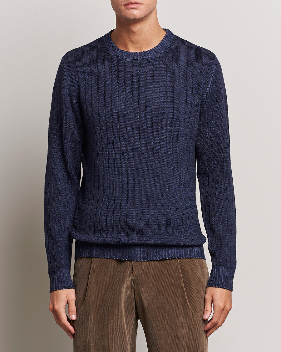 Heren | Truien | Stenströms | Garment Dyed Ribbed Merino Wool Crewneck Blue