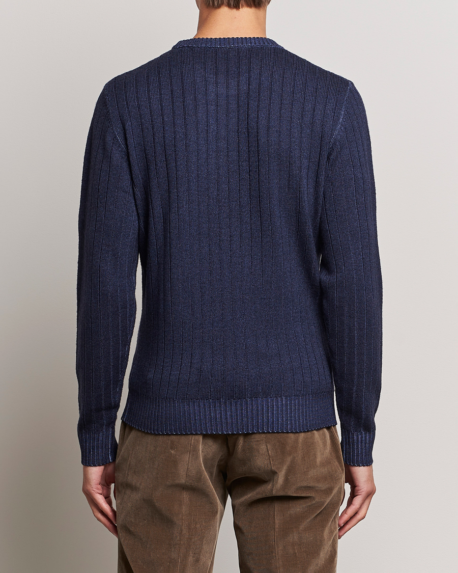 Heren | Truien | Stenströms | Garment Dyed Ribbed Merino Wool Crewneck Blue