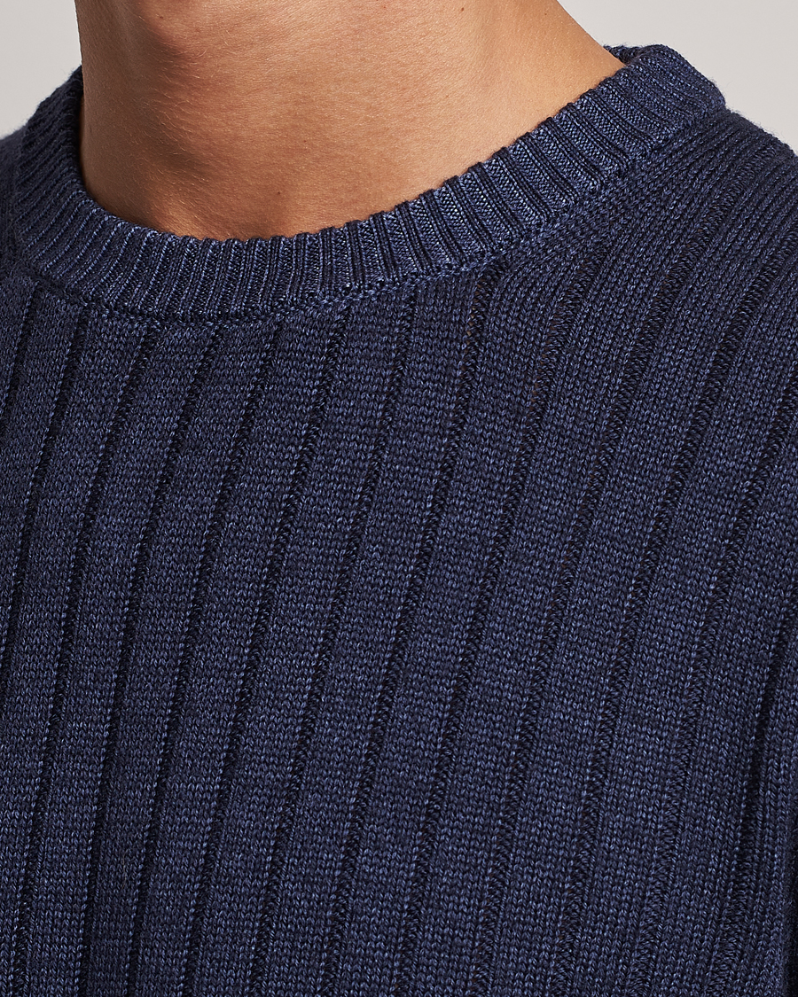 Heren | Truien | Stenströms | Garment Dyed Ribbed Merino Wool Crewneck Blue