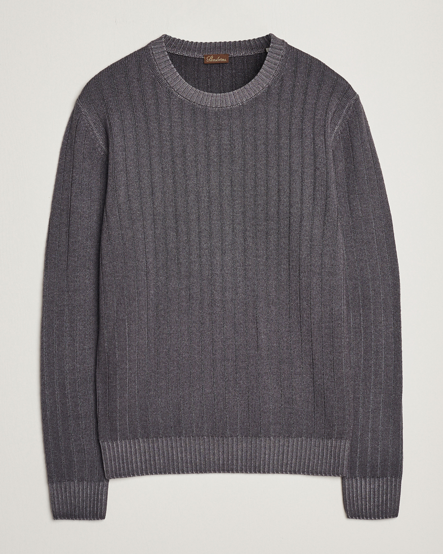 Heren | Truien | Stenströms | Garment Dyed Ribbed Merino Wool Crewneck Grey
