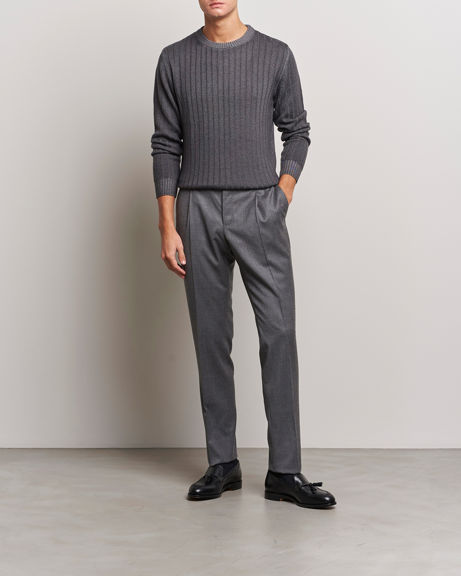 Heren | Truien | Stenströms | Garment Dyed Ribbed Merino Wool Crewneck Grey