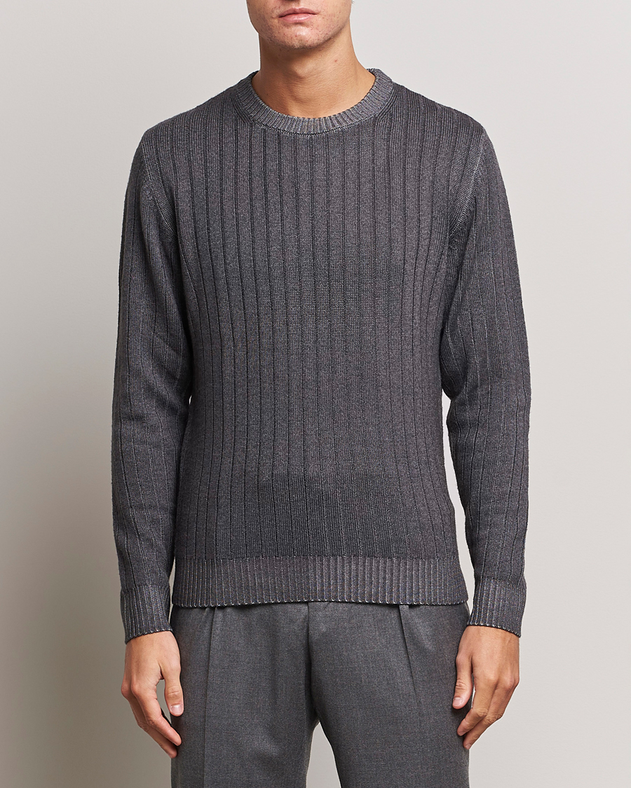 Heren | Truien | Stenströms | Garment Dyed Ribbed Merino Wool Crewneck Grey
