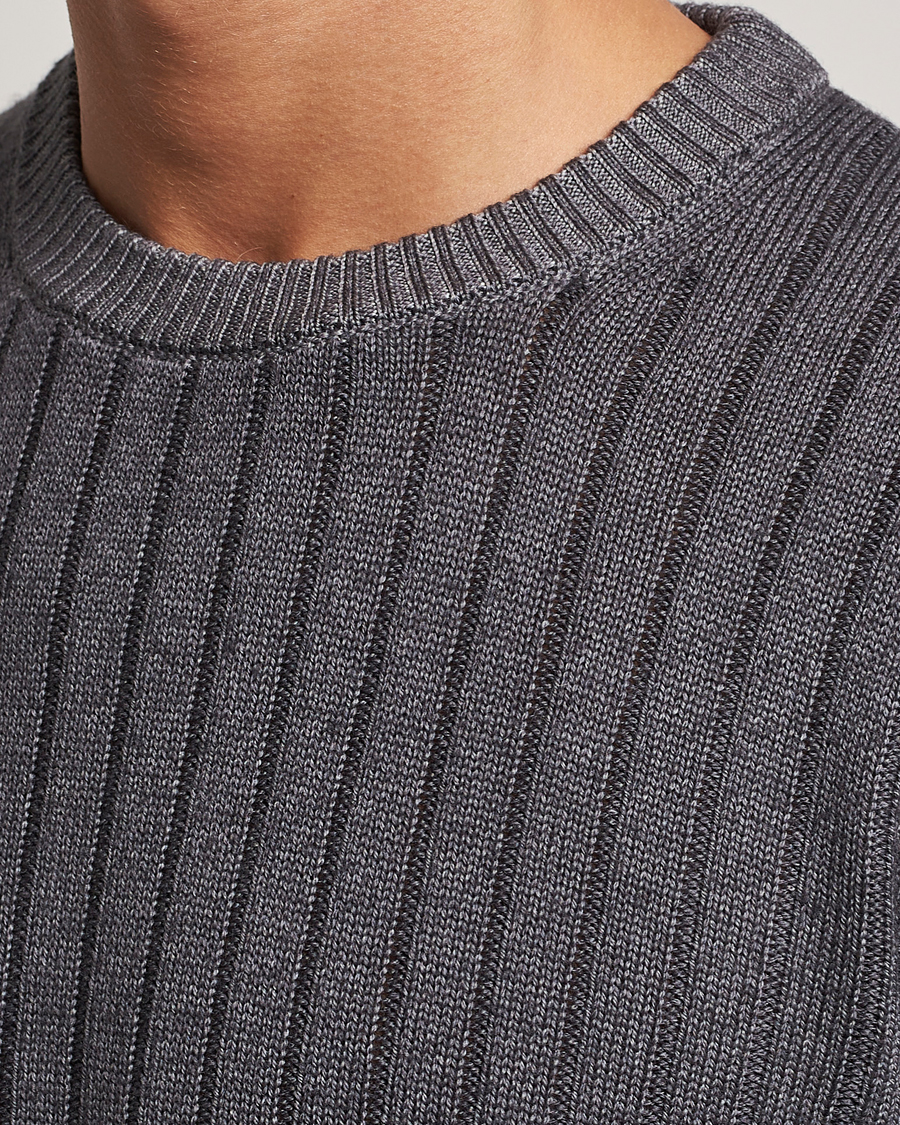 Heren | Truien | Stenströms | Garment Dyed Ribbed Merino Wool Crewneck Grey