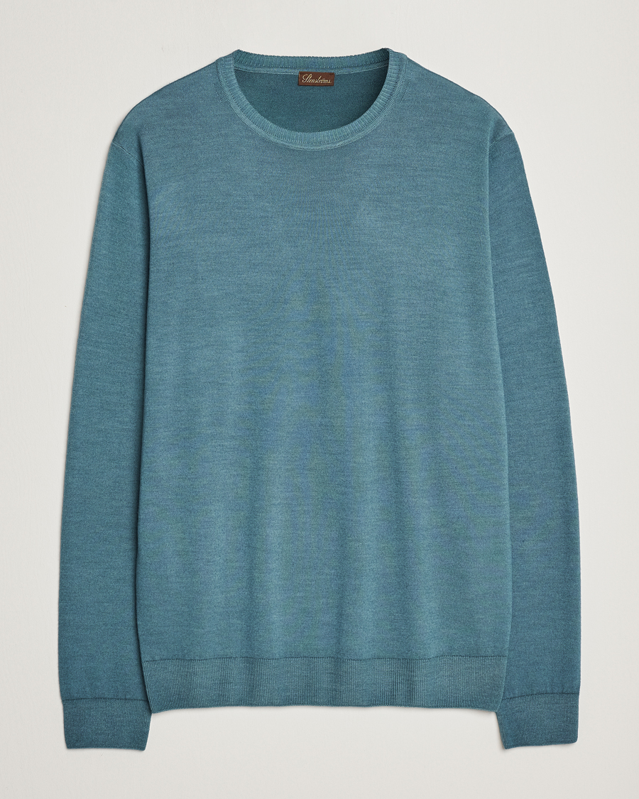Heren | Truien | Stenströms | Garment Dyed Merino Wool Crewneck Petrol