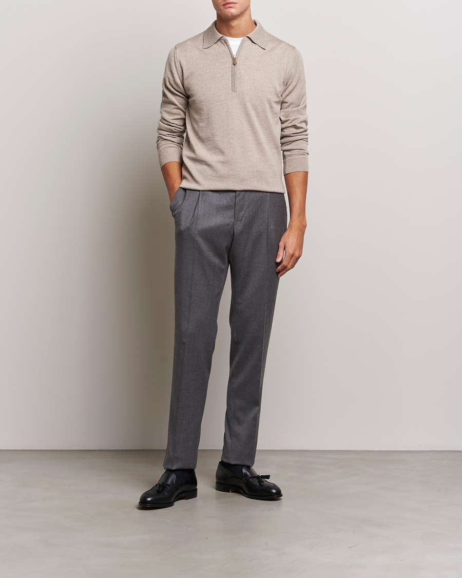 Heren | Truien | Stenströms | Merino Wool Zip Polo Beige