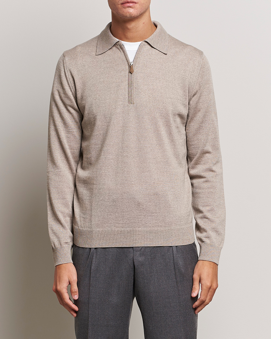 Heren | Truien | Stenströms | Merino Wool Zip Polo Beige