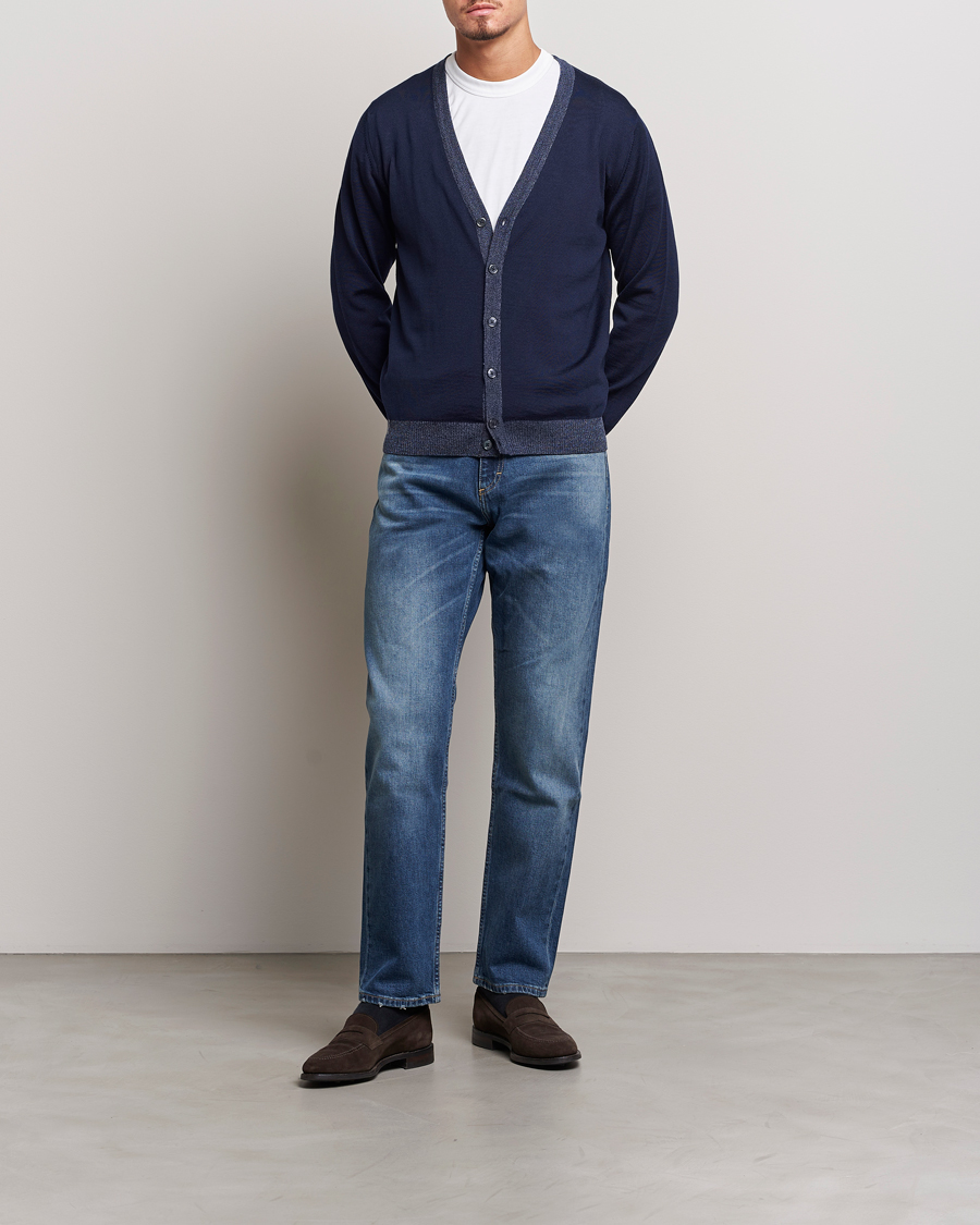 Heren | Truien | Stenströms | Merino Wool Contrast Cardigan Navy