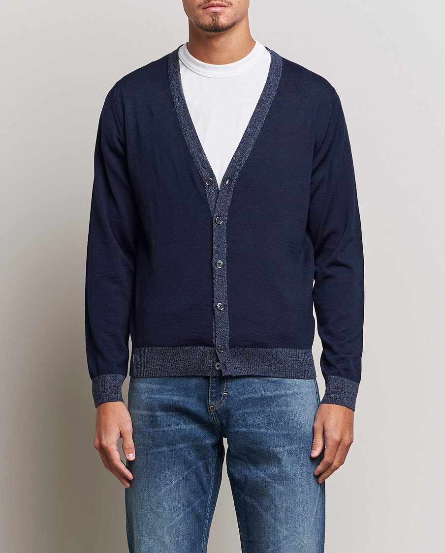 Heren | Truien | Stenströms | Merino Wool Contrast Cardigan Navy