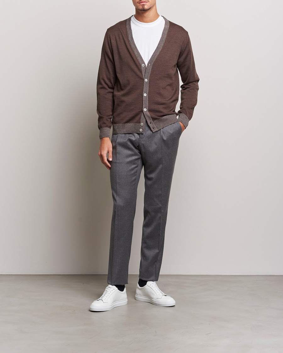 Heren | Truien | Stenströms | Merino Wool Contrast Cardigan Brown