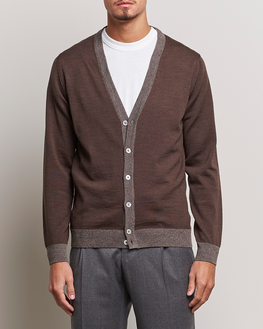 Heren | Truien | Stenströms | Merino Wool Contrast Cardigan Brown