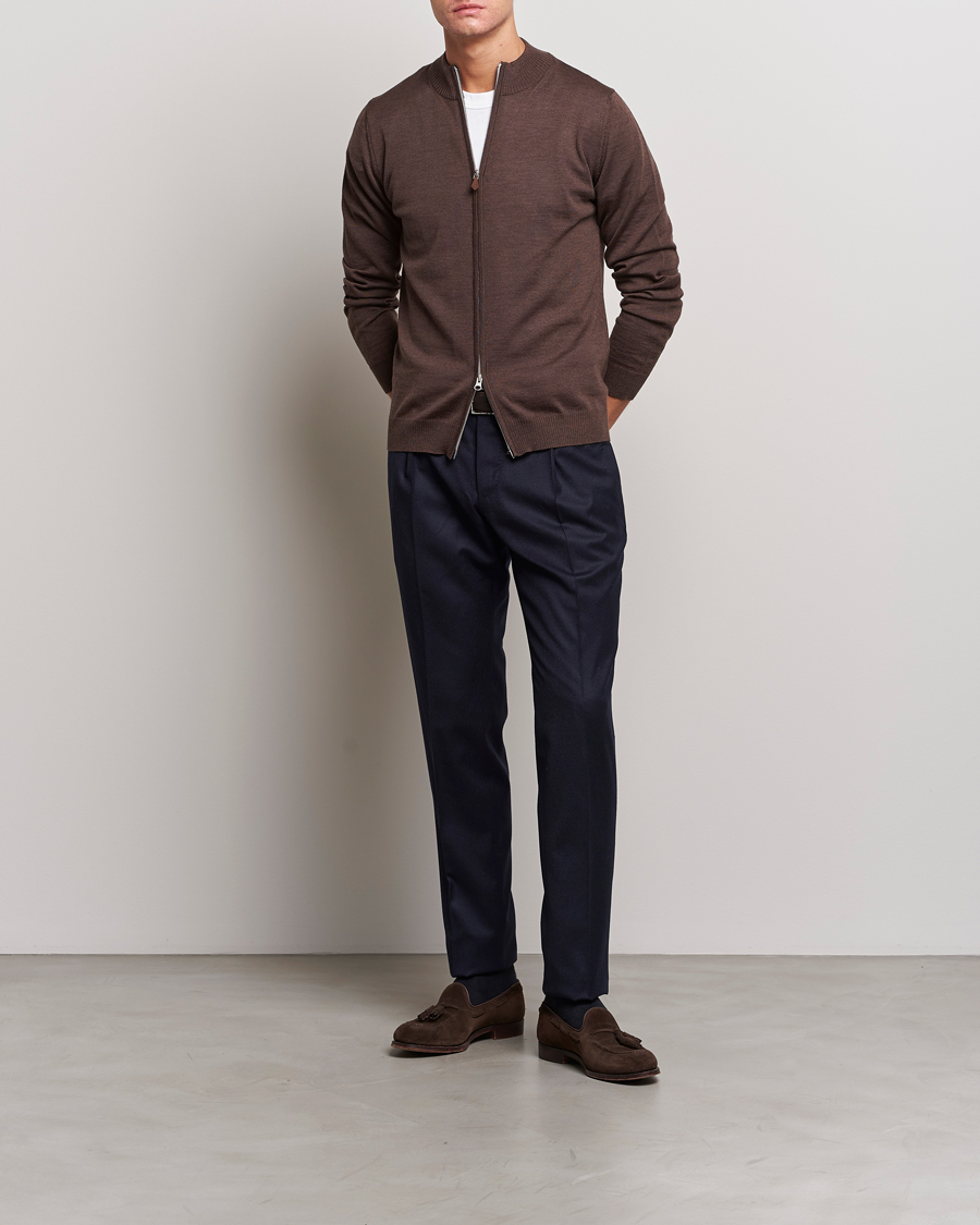 Heren | Truien | Stenströms | Merino Full Zip Brown