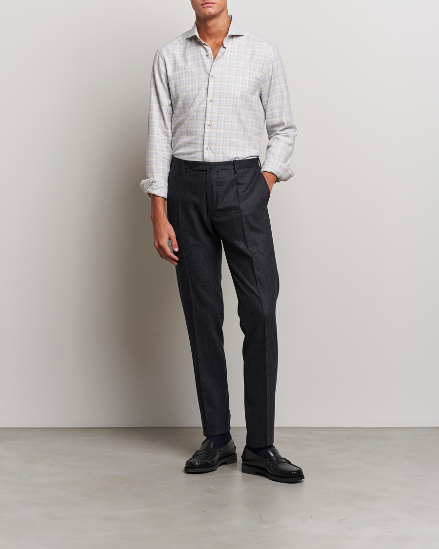 Heren | Overhemden | Stenströms | Slimline Checked Cut Away Flannel Shirt Light Grey
