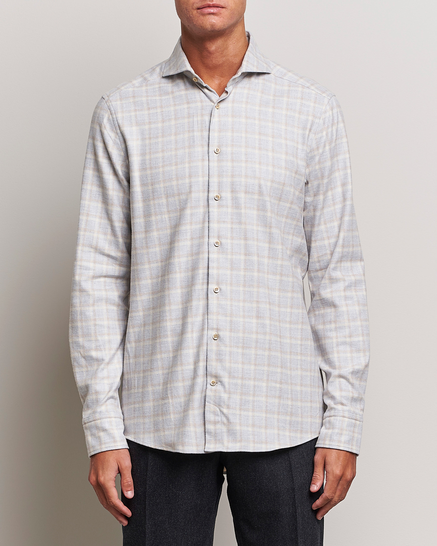 Heren | Overhemden | Stenströms | Slimline Checked Cut Away Flannel Shirt Light Grey