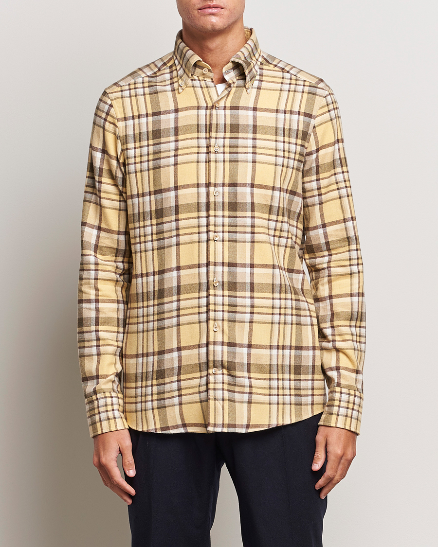 Heren | Overhemden | Stenströms | Slimline Checked Button Down Flannel Shirt Yellow