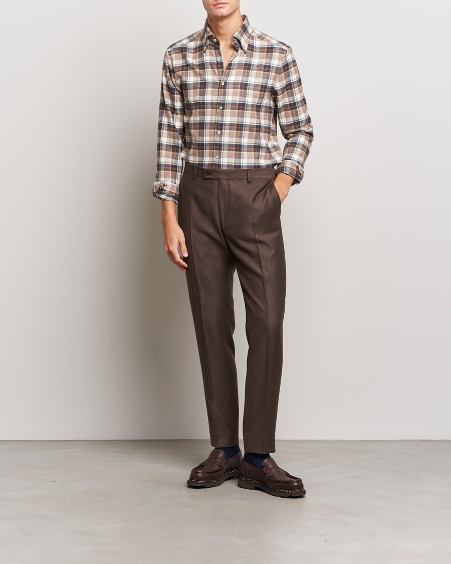 Heren | Overhemden | Stenströms | Slimline Checked Button Down Flannel Shirt Beige