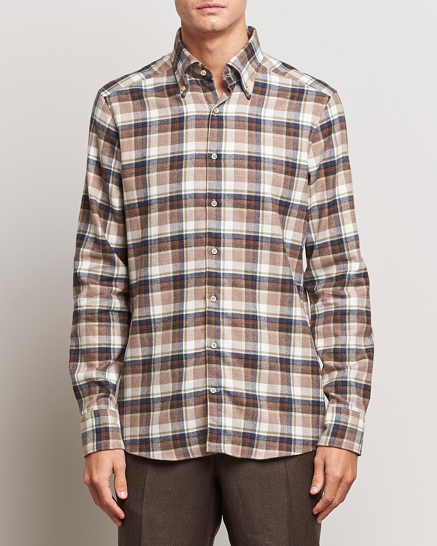 Heren | Overhemden | Stenströms | Slimline Checked Button Down Flannel Shirt Beige