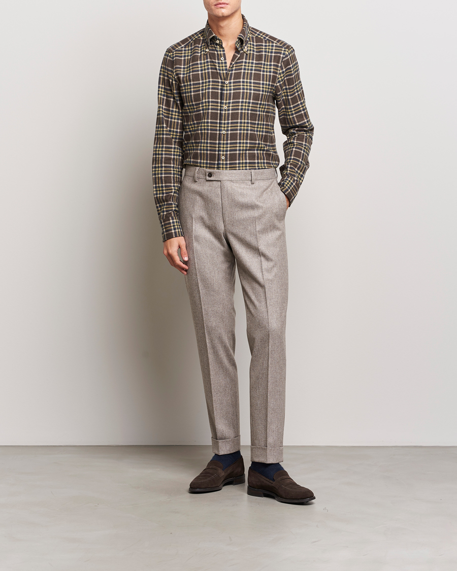 Heren | Overhemden | Stenströms | Slimline Checked Button Down Flannel Shirt Brown