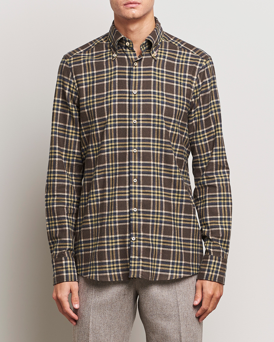 Heren | Overhemden | Stenströms | Slimline Checked Button Down Flannel Shirt Brown