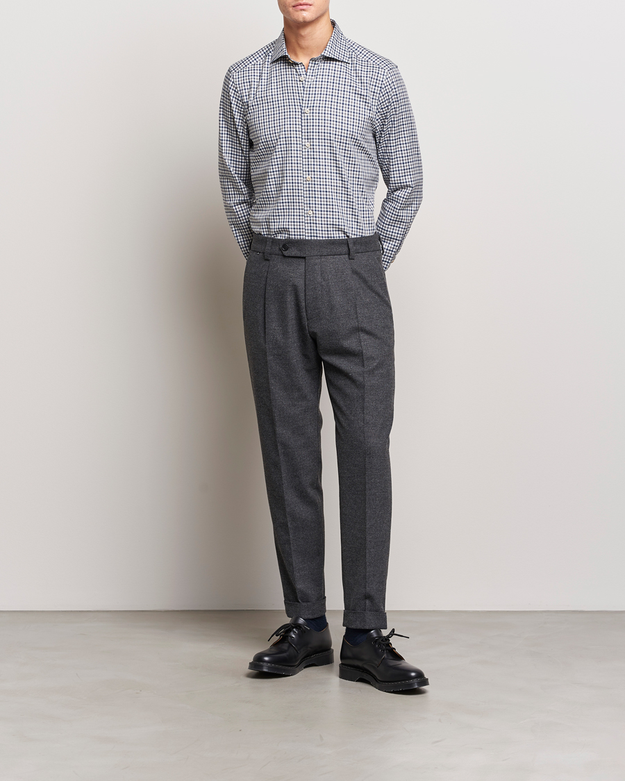 Heren | Overhemden | Stenströms | Slimline Small Checked Flannel Shirt Blue/Grey