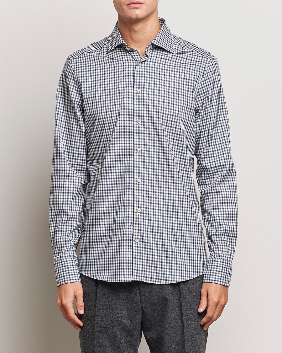 Heren | Overhemden | Stenströms | Slimline Small Checked Flannel Shirt Blue/Grey